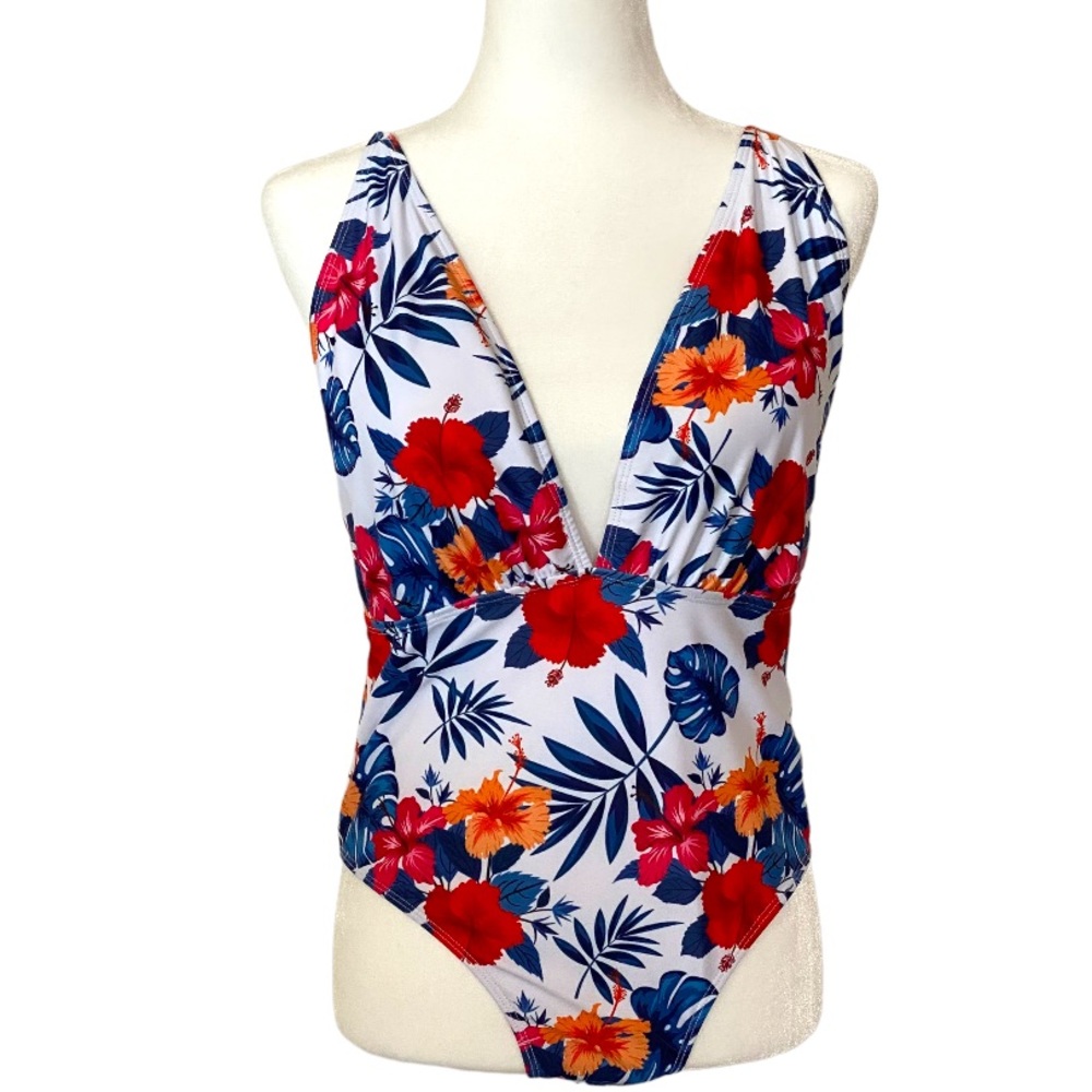 NEW! Plunge One-piece Swimsuit Floral Print Adjustable Straps Removable Size XL